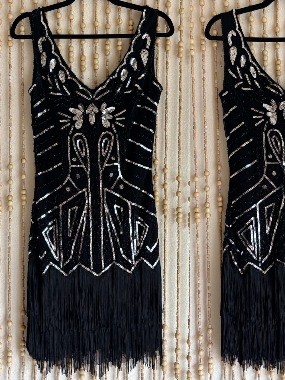 Babeyond NWOT Black Silver Flapper Western Rodeo Dancing Fringe Stretch Dress S